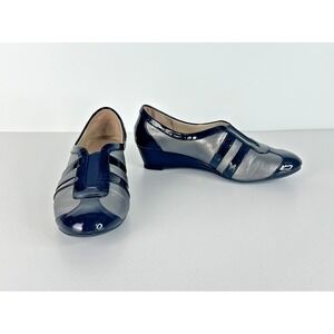 Taryn Rose Paislee Striped Wedge Sneaker Black Gray Leather Slip On Womens 7.5M